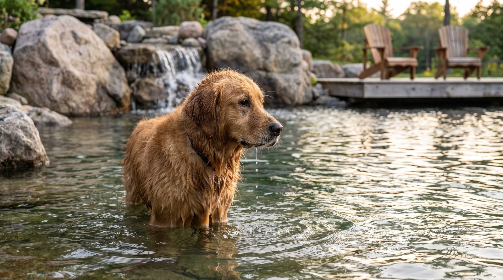 Golden retriever standing in the beach entry of a swim pond