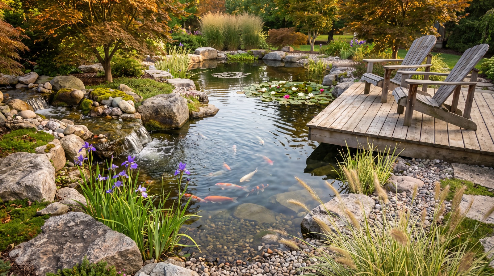 Backyard ecosystem pond with koi and a cedar deck