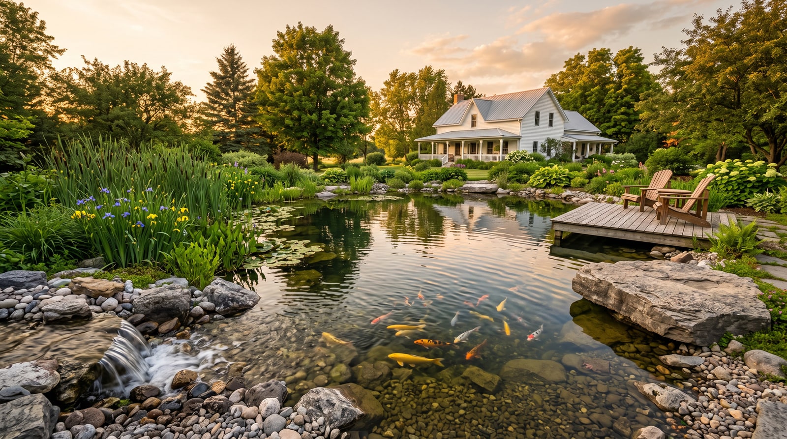 Estate pond with a farmhouse behind