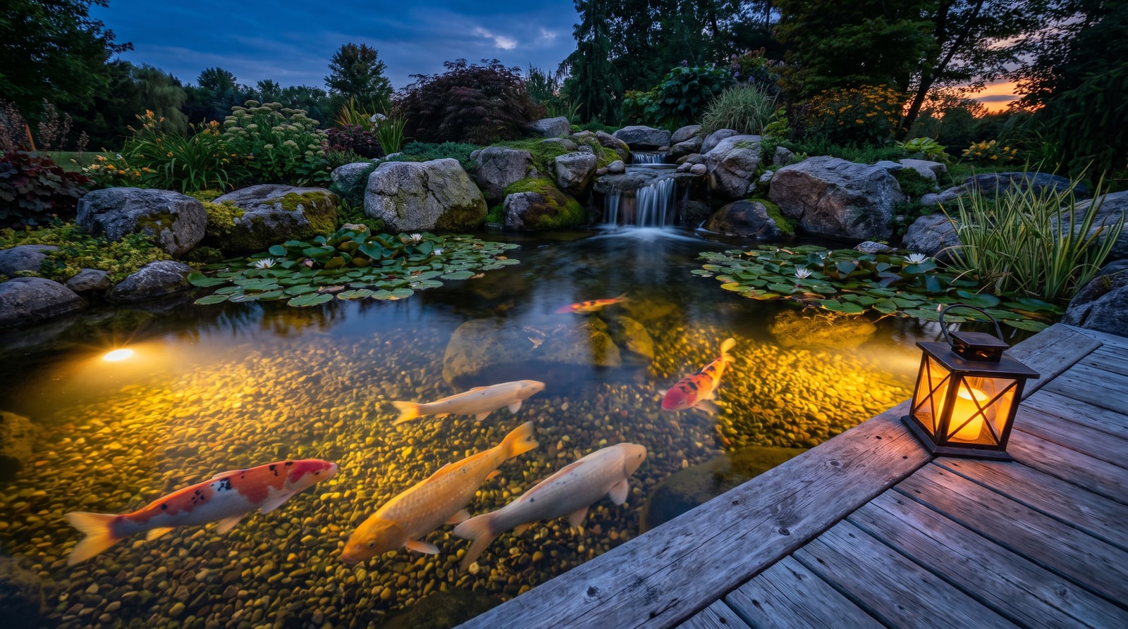 Koi pond lit at dusk