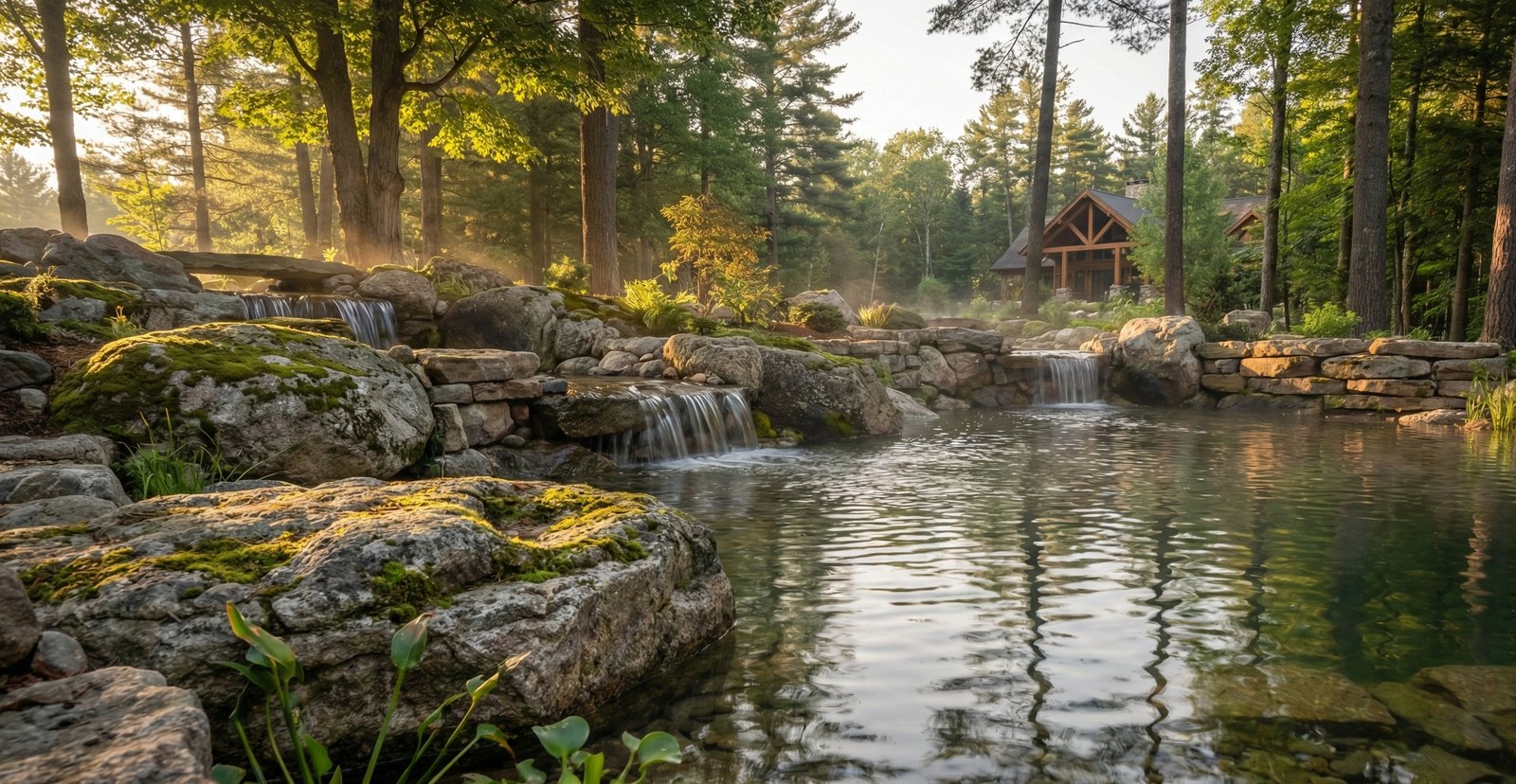 Pond and cabin at evening