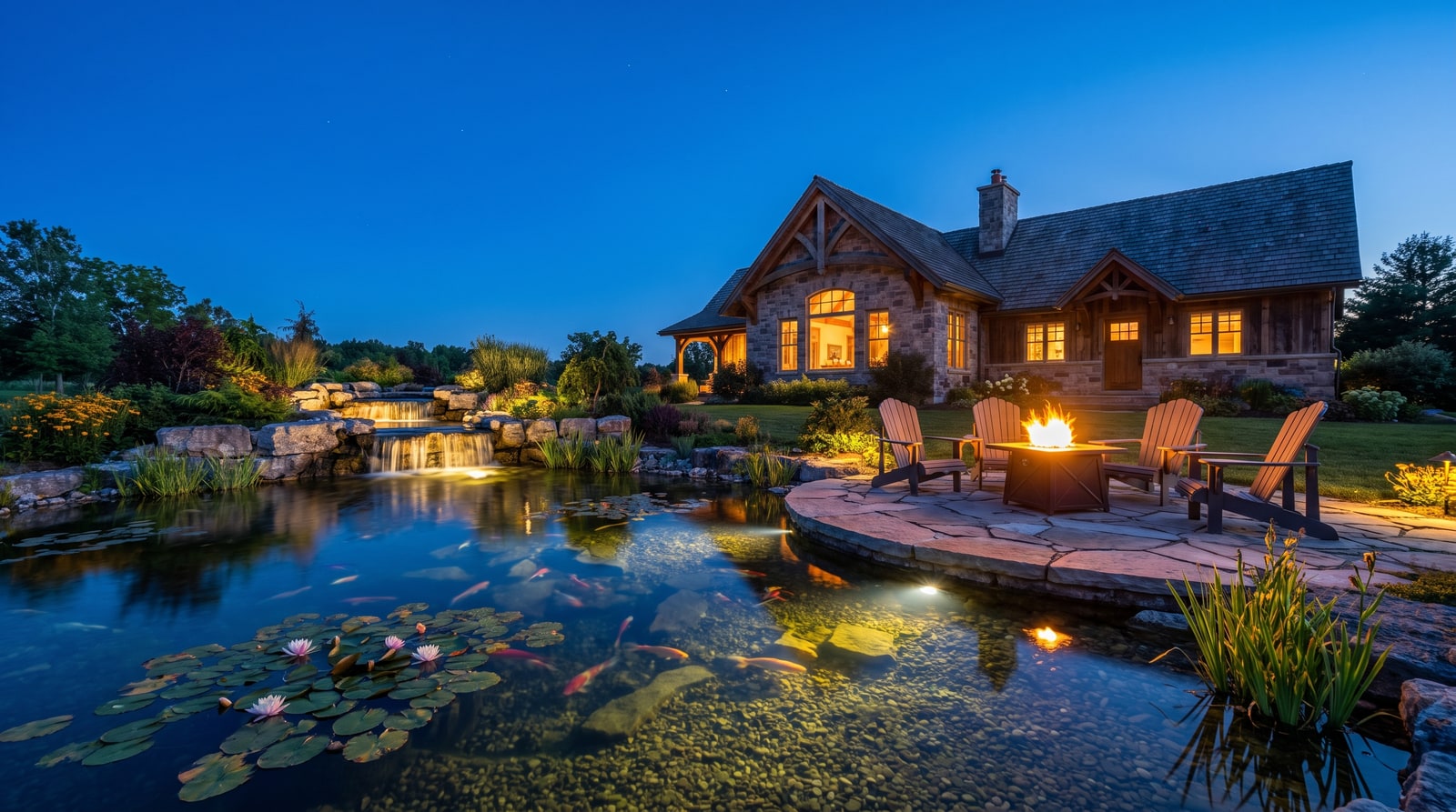 Stone and timber house with an ecosystem pond and fire table at blue hour
