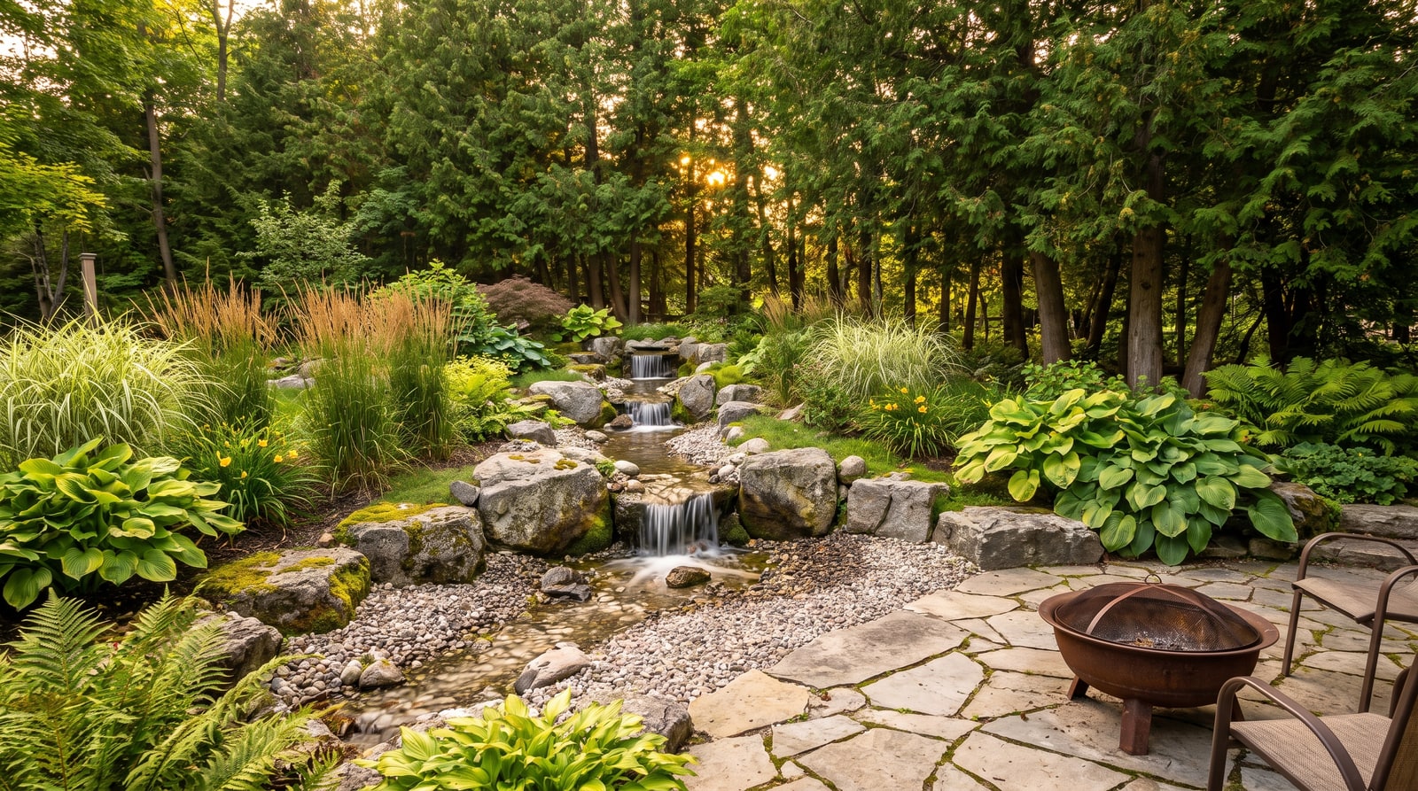 Twenty-foot stream with a fire bowl