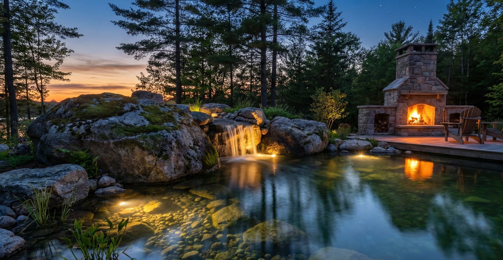 Swim pond at dusk with an outdoor fireplace
