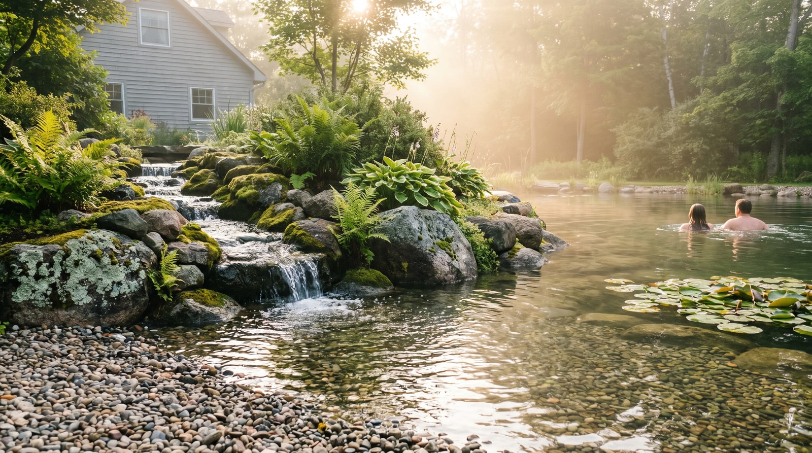Morning swim, waterfall running