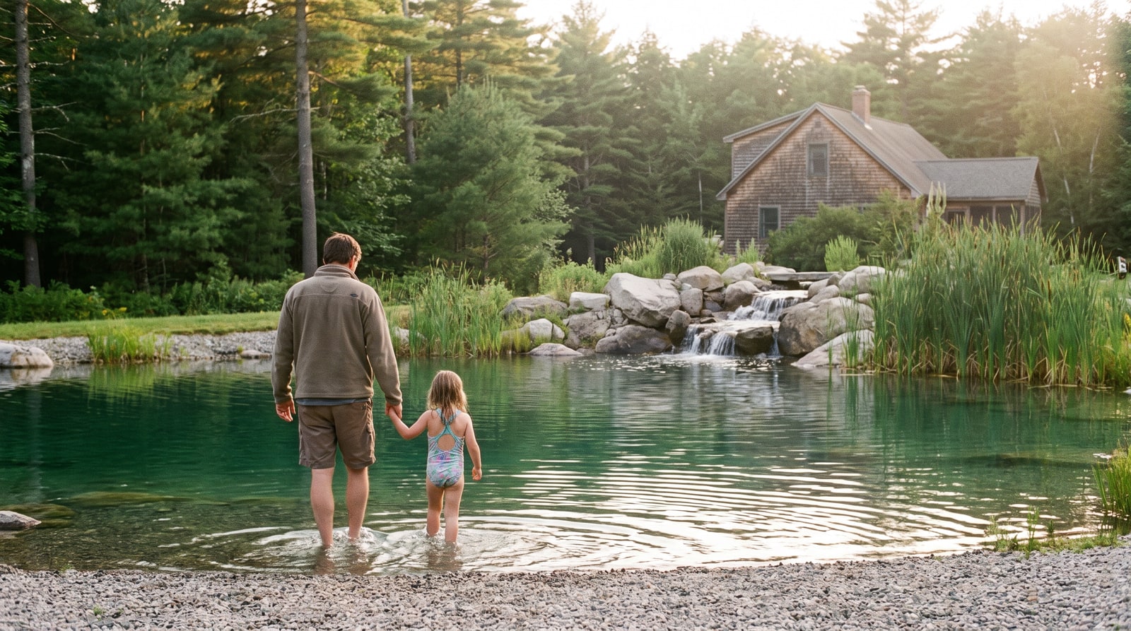 Father and daughter wading into a natural swimming pond