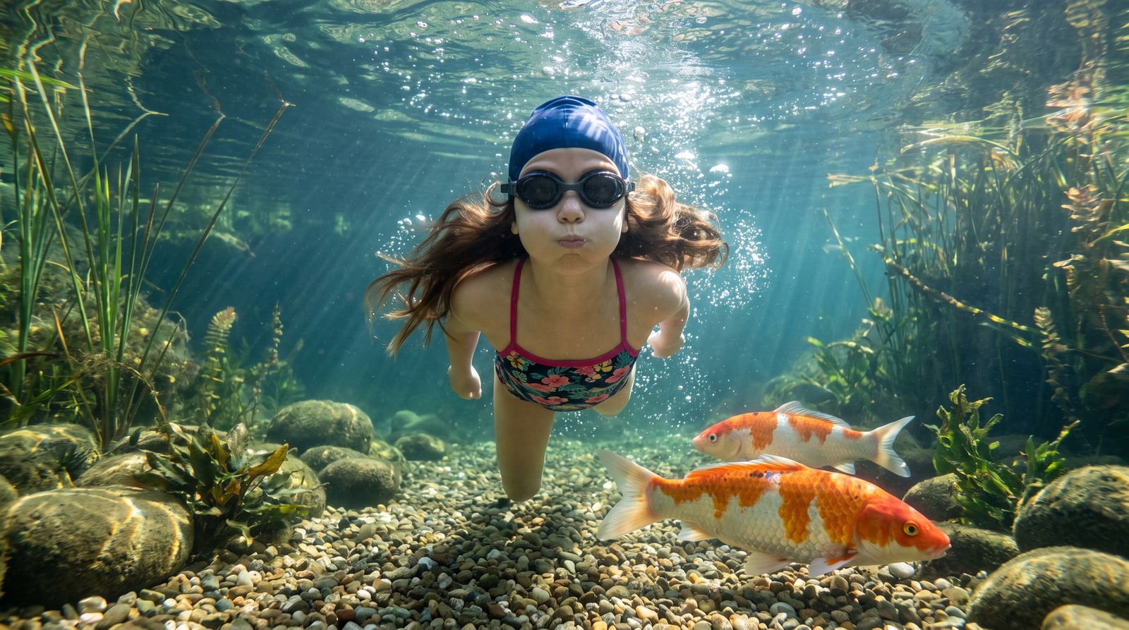 A girl swimming underwater with koi